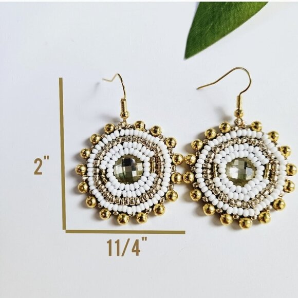 2/$27 | White + Gold Beaded Bohemian Indigenous Native Hoop Earrings | Handmade - Picture 6 of 10